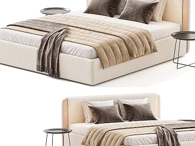 Modern Upholstered Double Bed With Brown Pillows Blanket And Side Tables 3d model