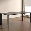 Long Black Dining Table In Room With Wooden Floor White Wall And Window Blinds