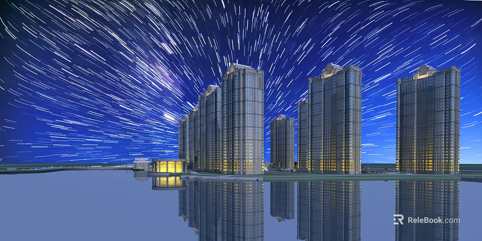 Modern Tall Residential Buildings Under Starry Night Sky With Light Trails And Water Reflection 3d model 