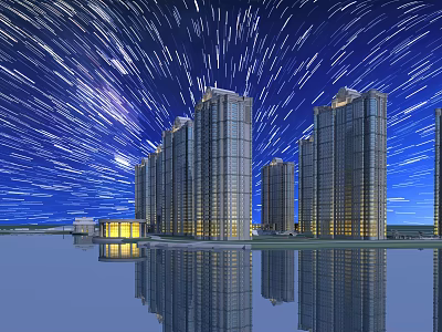 Modern Tall Residential Buildings Under Starry Night Sky With Light Trails And Water Reflection 3d model