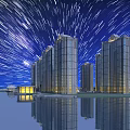 Modern Tall Residential Buildings Under Starry Night Sky With Light Trails And Water Reflection