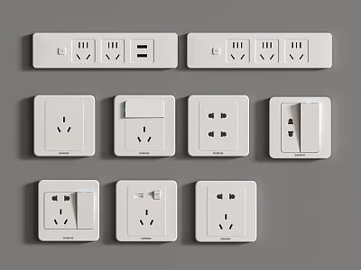 Assorted White Electrical Switches and Sockets Featuring USB Ports and Power Outlets 3d model