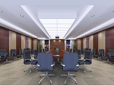 Modern Conference Room Interior With Long Table Black Office Chairs Wooden Walls And Recessed Lighting 3d model
