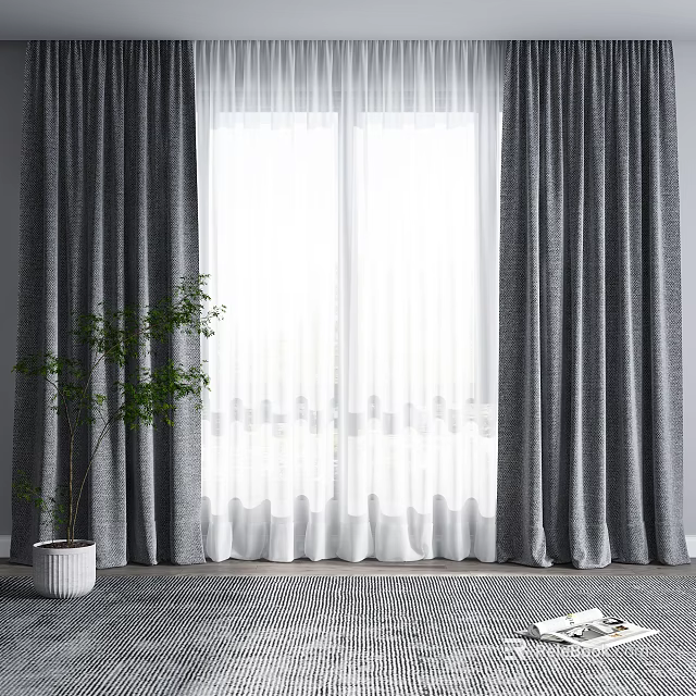 Gray Curtains With White Sheer Panels And Green Plant By Window With Rug 3d model 