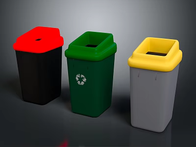 Three Colored Waste Bins With Red Green Yellow Lids For Recycling 3d model