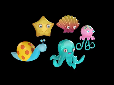 Colorful Cartoon Sea Creature Toys With Starfish Shell Octopus And Snail 3d model