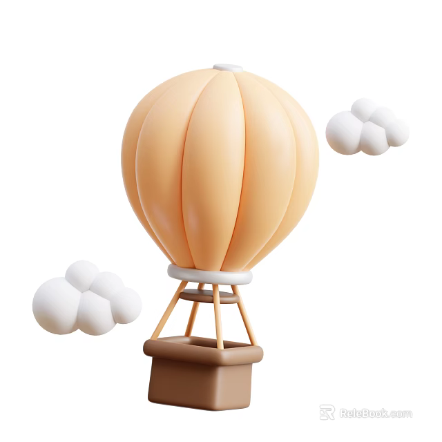 Light Orange Hot Air Balloon With Basket And White Clouds Around 3d model 