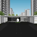 Modern Apartment Building Entrance Gate With Metal Panels Green Plants And Sculpture