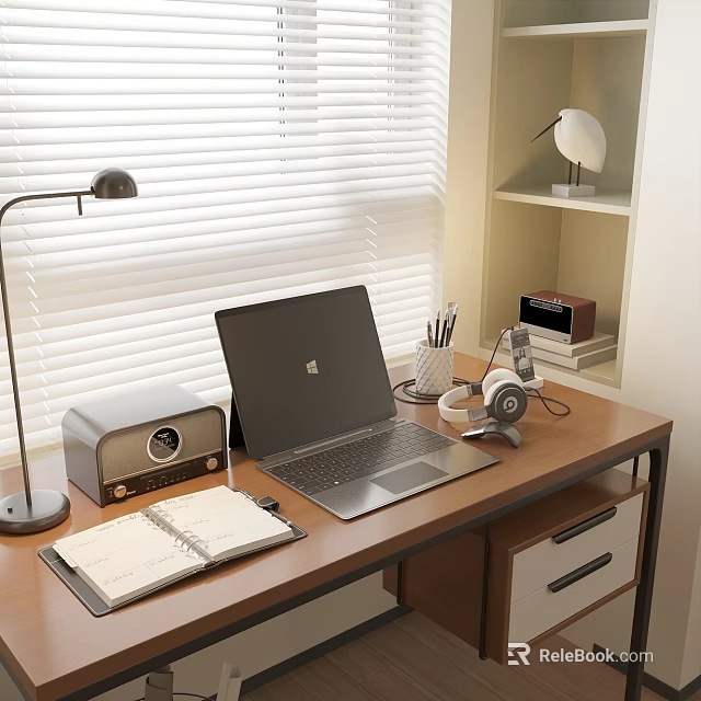 Cozy Modern Desk Setup With Laptop Headphones Notebook Desk Lamp And Shelf By Blinds 3d model 
