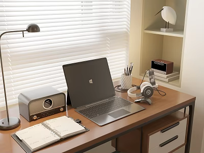 Cozy Modern Desk Setup With Laptop Headphones Notebook Desk Lamp And Shelf By Blinds 3d model