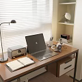 Cozy Modern Desk Setup With Laptop Headphones Notebook Desk Lamp And Shelf By Blinds