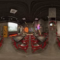 Industrial Bar Interior Design With Red Tables Chairs Black Ceiling Wall Sign And Projection Screen