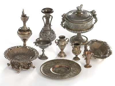 Elegant Vintage Silver Tableware Set Featuring Intricate Carved Plates Bowls and Covered Dishes 3d model