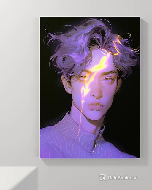 Portrait Painting with Purple Curly Hair and Yellow Lightning Effects in Striped Shirt Dark Background 3d model 