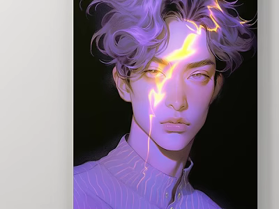 Portrait Painting with Purple Curly Hair and Yellow Lightning Effects in Striped Shirt Dark Background 3d model