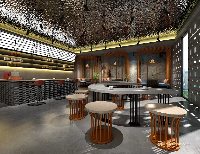Modern Café Interior Design With Round Tables Wooden Chairs And Pendant Lights 3d model 