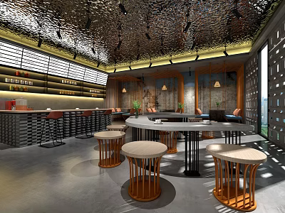 Modern Café Interior Design With Round Tables Wooden Chairs And Pendant Lights 3d model