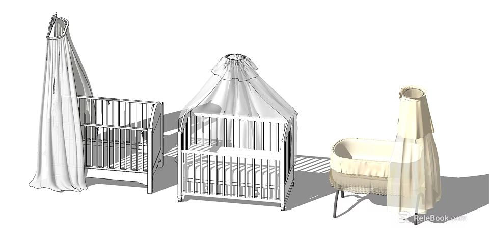 White Baby Cribs With Canopy Design Wooden Frame And Multiple Styles 3d model 