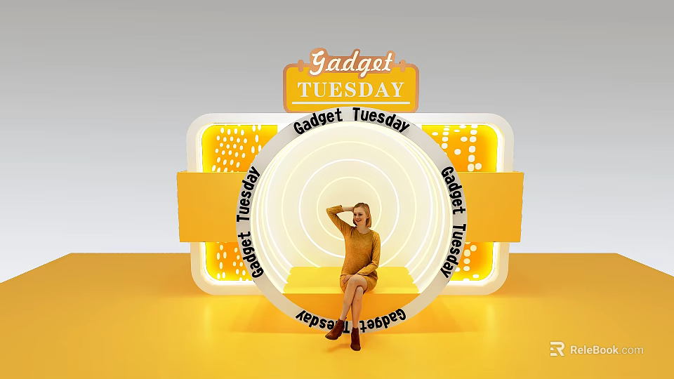 Gadget Tuesday Themed Photo Spot With Yellow Frame And Neon Lights 3d model 