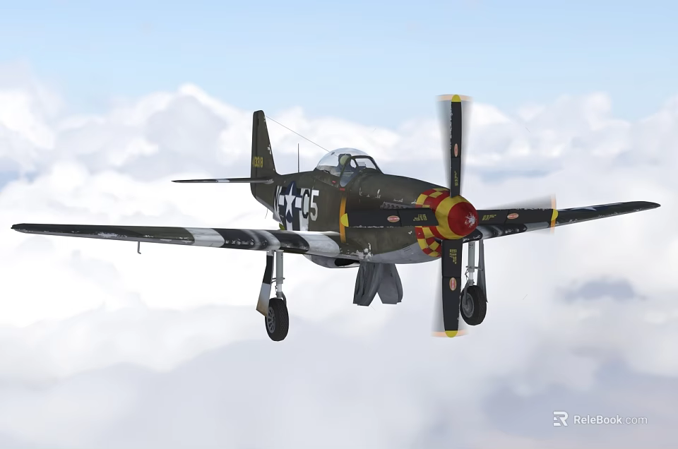 Vintage Fighter Aircraft Flying With Propeller Black Yellow Red Design In Cloudy Sky 415 3d model 