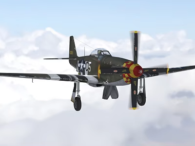 Vintage Fighter Aircraft Flying With Propeller Black Yellow Red Design In Cloudy Sky 415 3d model