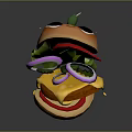 Cartoon Hamburger With Eyes Olive Lettuce Tomato Onion Rings And Cheese