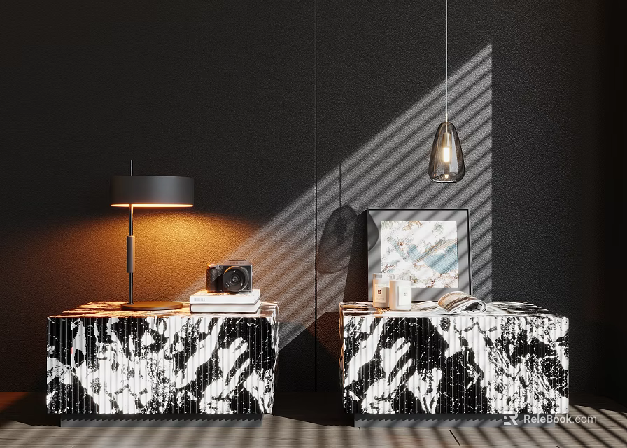 Modern Black And White Patterned Nightstands With Table Lamp Camera Books And Photo Frame 3d model 