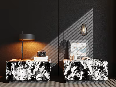 Modern Black And White Patterned Nightstands With Table Lamp Camera Books And Photo Frame 3d model