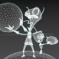 Green Alien Game Character With Pink Eyes Holding Earth Robot And Pig