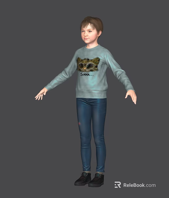 Woman Wearing Light Blue Sweatshirt with Raccoon Graphic Suki Text and Blue Jeans 3d model 