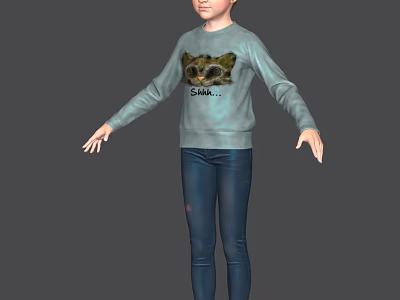 Woman Wearing Light Blue Sweatshirt with Raccoon Graphic Suki Text and Blue Jeans 3d model