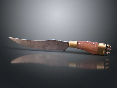 Vintage Kitchen Knife With Wooden Handle And Golden Decorative Rivets Featuring Worn Blade Design 3d model