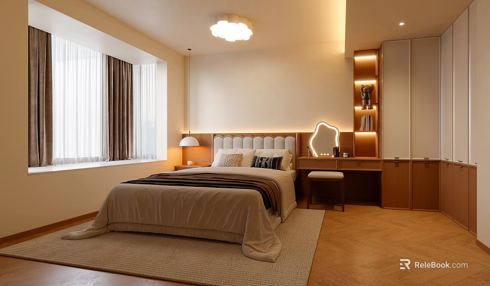 Cozy Modern Bedroom Interior Design With Upholstered Headboard Bed Lamp Dresser And Wooden Floor 3d model 