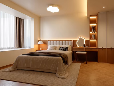 Cozy Modern Bedroom Interior Design With Upholstered Headboard Bed Lamp Dresser And Wooden Floor 3d model