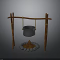 Rustic Outdoor Cooking Structure With Hanging Metal Pot And Stone Fire Pit