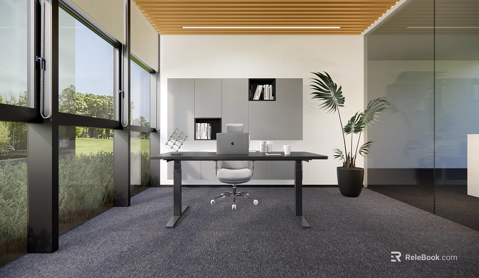 Modern Office Interior With Large Windows Wooden Ceiling Gray Cabinets Office Desk And Potted Plant 3d model 