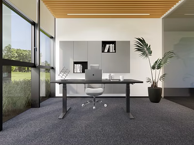 Modern Office Interior With Large Windows Wooden Ceiling Gray Cabinets Office Desk And Potted Plant 3d model
