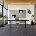 Modern Office Interior With Large Windows Wooden Ceiling Gray Cabinets Office Desk And Potted Plant