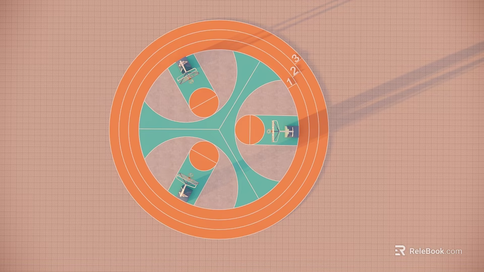 Circular Basketball Gymnasium Design With Orange Track And Green Court Areas 3d model 