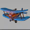 Blue Biplane Model with Red Cockpit and Orange Struts on Dark Background with Reflection