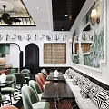 Elegant Modern Restaurant Interior With Stylish Tables Chairs Ceiling Lights And Decorative Wall Art
