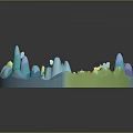 Cartoon Scenic Model With Green Blue Hills Small Houses Clouds And Trees