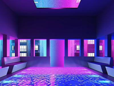Modern Swimming Pool Area With Purple Blue Lighting Reflective Water And Seating Benches 3d model