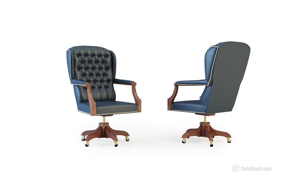 Navy Blue Office Chair with Tufted Backrest Wooden Armrests and Swivel Base 3d model 