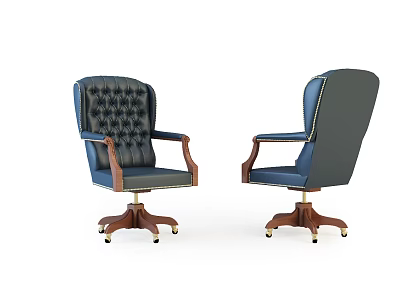 Navy Blue Office Chair with Tufted Backrest Wooden Armrests and Swivel Base 3d model
