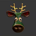 Green Deer Head Decorative Ornament With Gold Antlers Red Ears And Big Eyes