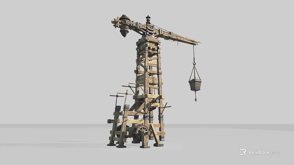 Industrial Equipment Wooden Tower Crane With Hoisting Basket And Mechanical Components 3d model 