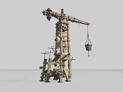 Industrial Equipment Wooden Tower Crane With Hoisting Basket And Mechanical Components 3d model