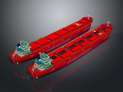 Two Red Cargo Ships With Green Superstructures And Red Hulls 3d model