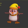 Cute Cartoon Penguin With Yellow Hat Red Pom Pom And Colorful Scarf On Gray Background